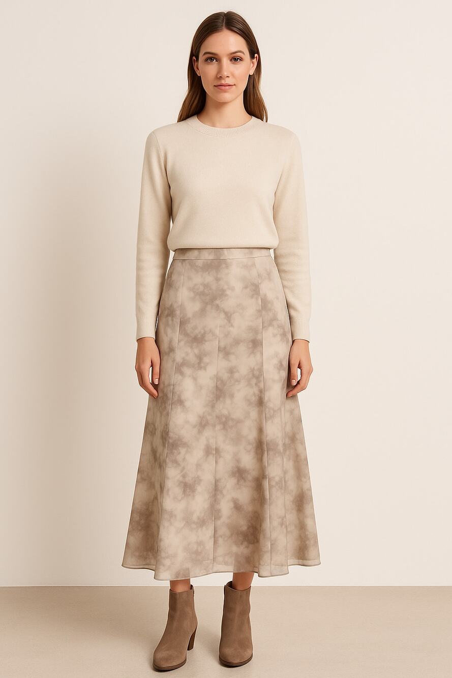 NEW Moon River Watercolor Midi Skirt Beige Gray Chiffon A-Line Sz Small Softcore